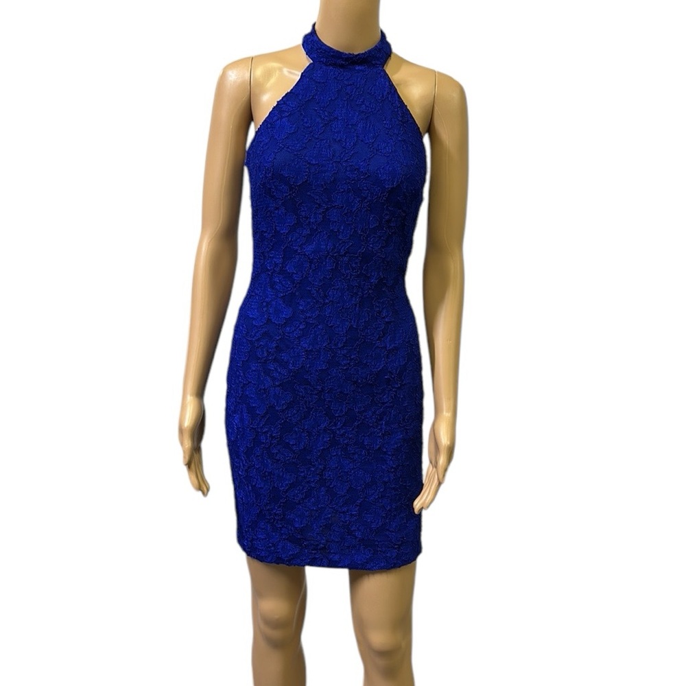Fredericks Of Hollywood Blue Lace Overlay Sleeveless Sexy Open Back Mini Dress S